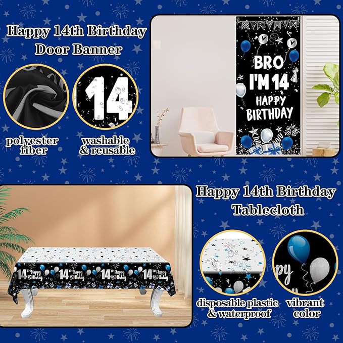14th Birthday Decorations for Boys Girls, Dark Blue 14 Year Old Bday Decorations with Happy 14th Birthday Banner Backdrop Tablecloth, Party Supplies with 14 Balloon Numbers, Triangle Flag, Foil Stars