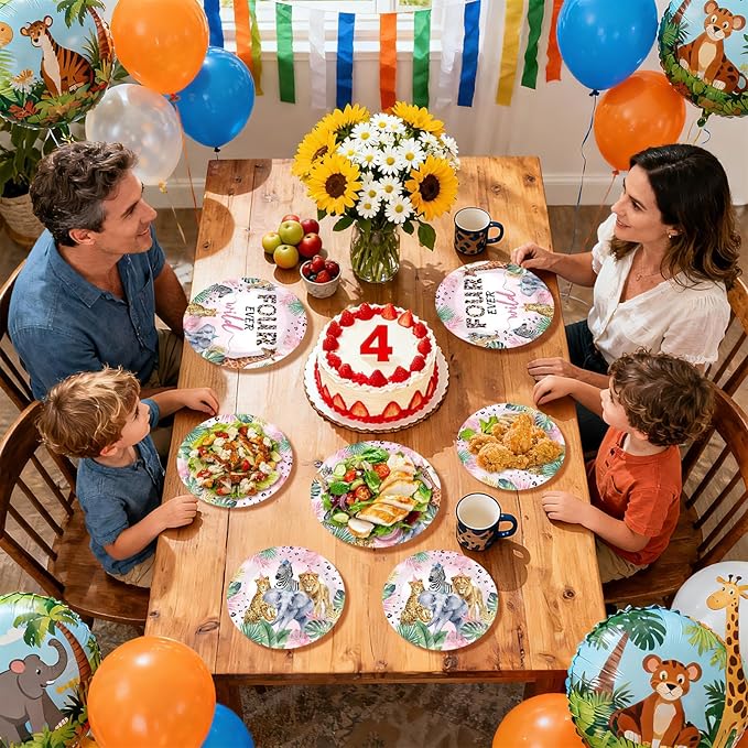 96Pcs Four Ever Wild Birthday Decorations Safari Animal Theme 4th Plates and Napkins Safari Animal Jungle Disposable Paper Tableware Set for Girls 4 Year Old Birthday Party Supplies Serves 24