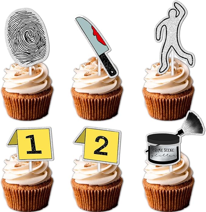 18pcs Glitter Detective Fingerprint Suspect Dessert Cupcake Topper Mystery Crime Clue Evidence Theme Men Women Girls Boys Happy Birthday Party Decor Supplies Decorations
