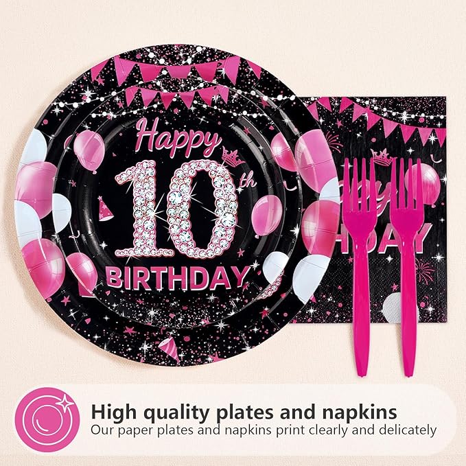 96Pcs 10th Birthday Party Supplies Black and Hot Pink Plates Napkins and Forks Diamond I’m 10 Disposable Paper Tableware Set for Girls 10 Years Old Birthday Party Supplies Serves 24