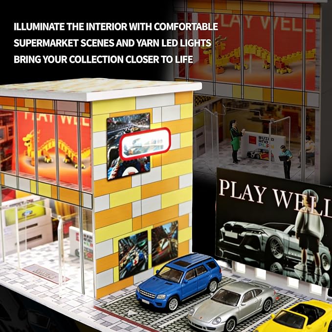 1/64 Model Car Display Shop Case for Adults, Premium in-House-Design Scale Diecast Parking Garage for Toy Cars, Toys Car Garage, Scenic Diorama Display Car Park with ith LED Lamps, Gifts for Men