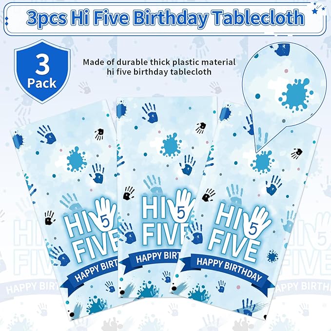 3Pcs Hi Five Party Tablecloth High Five Birthday Plastic Table Cover Waterproof Officially a Handful 5th Birthday Disposable Table Cloth for Boys Girls 5th Years Old Party Decorations, 54 x 108 Inch