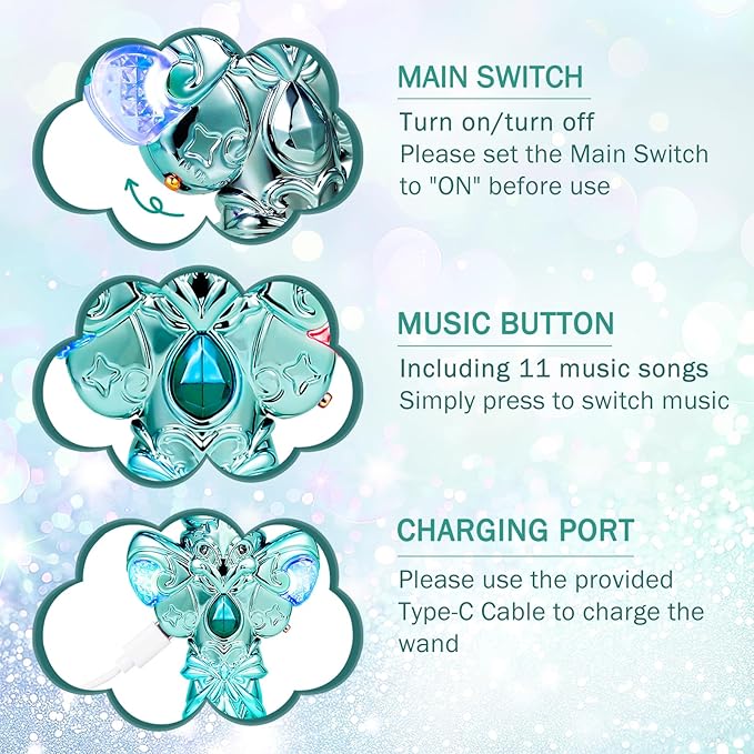 KingGlee Light Up Princess Magic Wand with Music Rechargeable Fairy Toy Butterfly Wands for Kids Girls Party Favors, 2PCS, Green