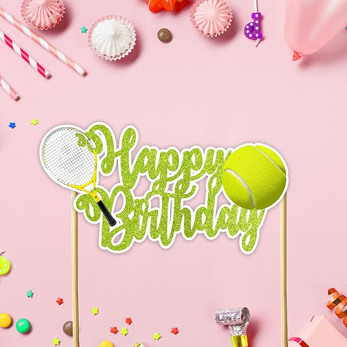 "Tennis Happy Birthday Cake Topper – Sports Theme Party Supplies – Fun and Unique Tennis Racket and Ball Cake Decoration for Teens, and Adults – Perfect for Sports Lovers and Birthday Celebrations"