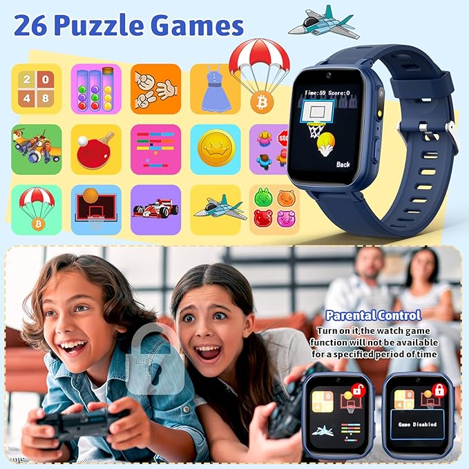 zicor Kids Game Watch Gift with 26 Puzzle Games, Dual Camera, Music Player, Pedometer, Video Recorder, Flashlight, Alarm Clock,Educational Toy for Boys Girls Age 4-12 Years Old,Birthday