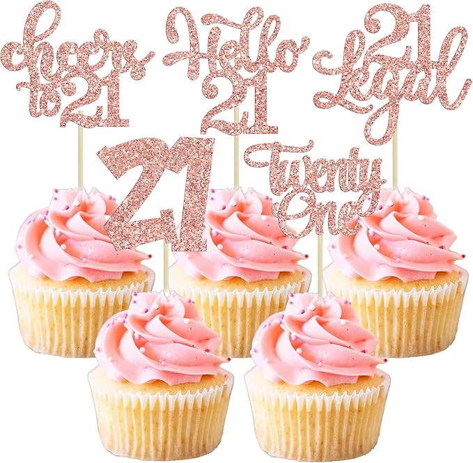 30Pcs 21st Birthday Cupcake Toppers Twenty One Legal 21st Cupcake Picks Cheers to 21 Years Old Cake Decorations for Birthday Anniversary Party Supplies Rose Gold Glitter