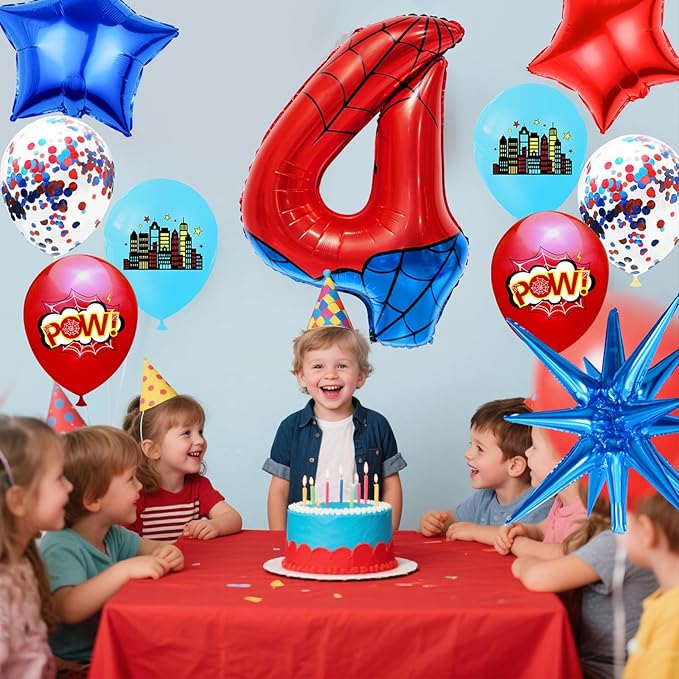 Spider Web Number 4 Balloon Birthday Decoration, Superhero Themed 40in Giant Mylar Number Party Supplies