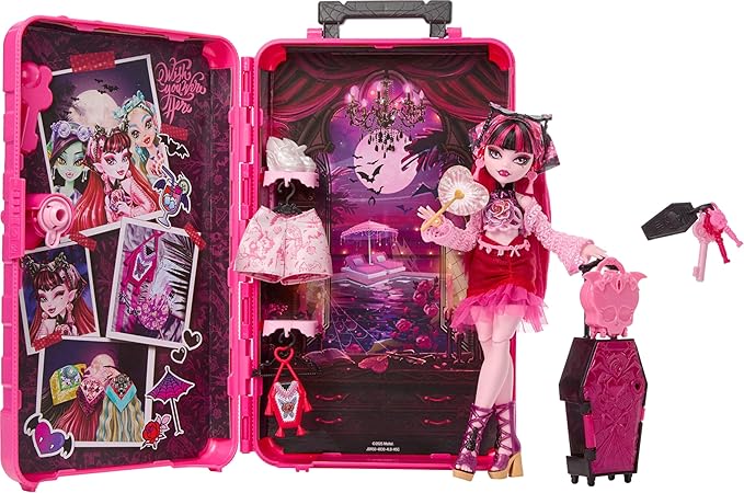 Monster High Skulltimate Secrets Draculaura Doll and Accessories Set, Destination: Gore-geous Oasis with Suitcase and 19+ Surprises Like Clothes