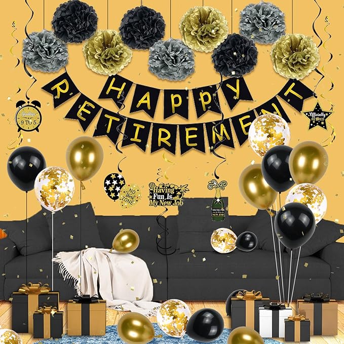 Retirement Party Decorations for Men Women, 92Pcs Black Gold Happy Retirement Decorations Include Balloons Retired Sash Banner Cake Toppers Hanging Swirls Paper Pompom Retired Party Supplies