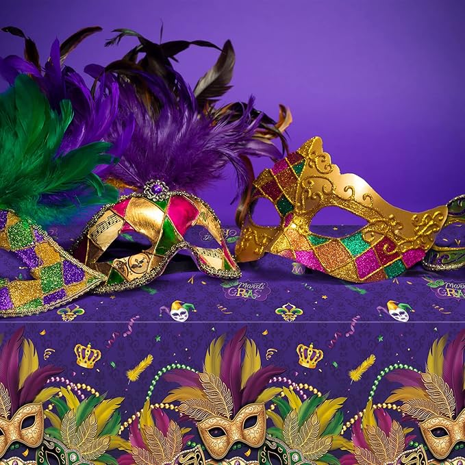 3 Pack Mardi Gras Tablecloths, Masquerade Dancing Table Decorations, Plastic Purple Table Cover Backdrop for Mardi Gras Carnival Party Supplies and Decors, 54 x 108 Inch
