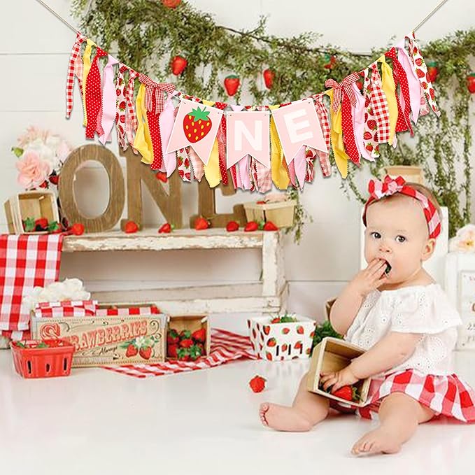 Strawberry First Birthday High Chair Banner - Sweet Berry 1st Birthday Party Decoration Supplies Highchair Banner, Strawberry Sign Anniversary Party Celebration Party Photo Props Banner