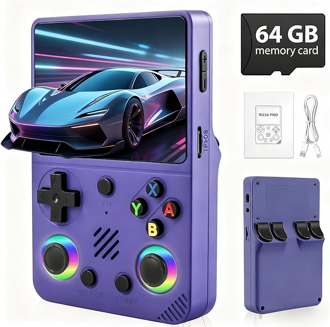 RG36PRO Video Game Console - Support 30000+Classic Games, 64G TF Card,Open Source System, 3.5-Inch Screen,3000mAh Battery, Portable Console for Travel, Gift for Adult or Partner-Purple