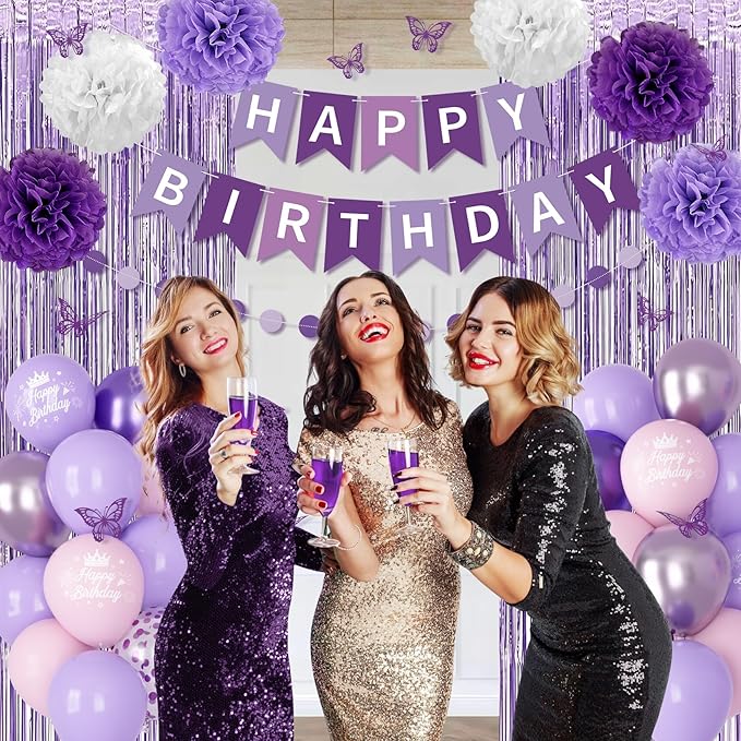 Purple Birthday Decorations for Women Girls, Lavender Pink Confetti Metallic Printed Balloons Butterfly Stickers Fringe Curtain Happy Birthday Banner Circle Dots Garland Paper Pompoms Party Supplies