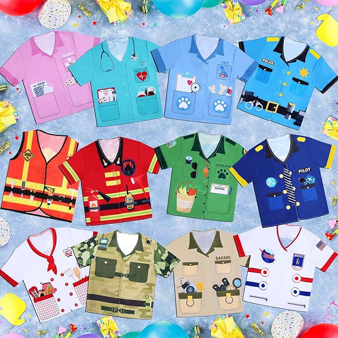 Jiuguva 12 Pcs Kids Role Play Costume Dress up Clothes for Kids Community Helper Career Cosplay Doctor Construction Workers Fireman Police Halloween Costumes for Career Day Pretend Play