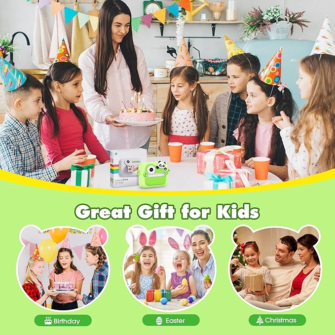 Kids Camera Instant Photo Printing,HD Digital Video Dual Cameras with Panda Silicone Case,Kids Digital Camera That Print Photos Easter Birthday Gift for Boys and Girls with 32GB SD&3 Rolls Print Paper