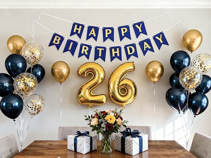 26th Birthday Party Decorations for Men, Navy Blue 26th Birthday Banner Gold Number 26 Foil Balloon Metallic Confetti Balloons for Him Her 26 Years Old Birthday Supplies(26th)
