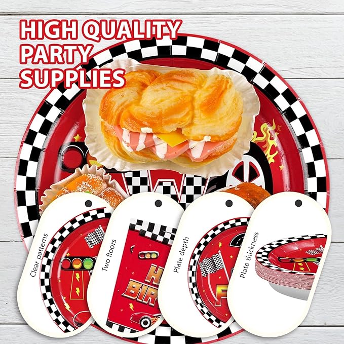 Grencian 96Pcs Race Car Two Fast Decorations 2nd Birthday Party Plates and Napkins Racing Themed Disposable Tableware Set for 2 years old Boys Transportation Birthday Party Serve 24