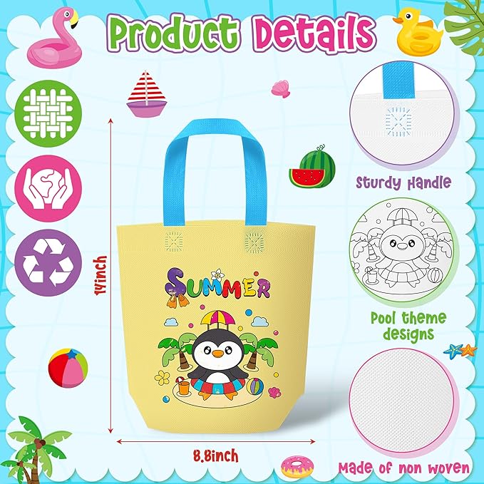 Summer Coloring Goodie Bags for Kids - 24Pcs Hello Summer Beach Bulk Color Your Own Gift Bags with Handle Pool Theme Reusable Coloring Bag Non Woven Tote Bag for DIY Crafts Painting Party Favors