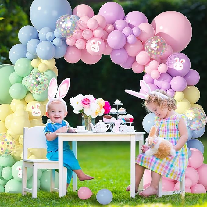 Amandir 153pcs Easter Balloon Arch Garland Kit, Different Sizes 18 12 10 5 inch Pink Blue Green Latex Rabbit Print Confetti Pastel Balloons for Spring Wedding Rainbow Birthday Party Decorations