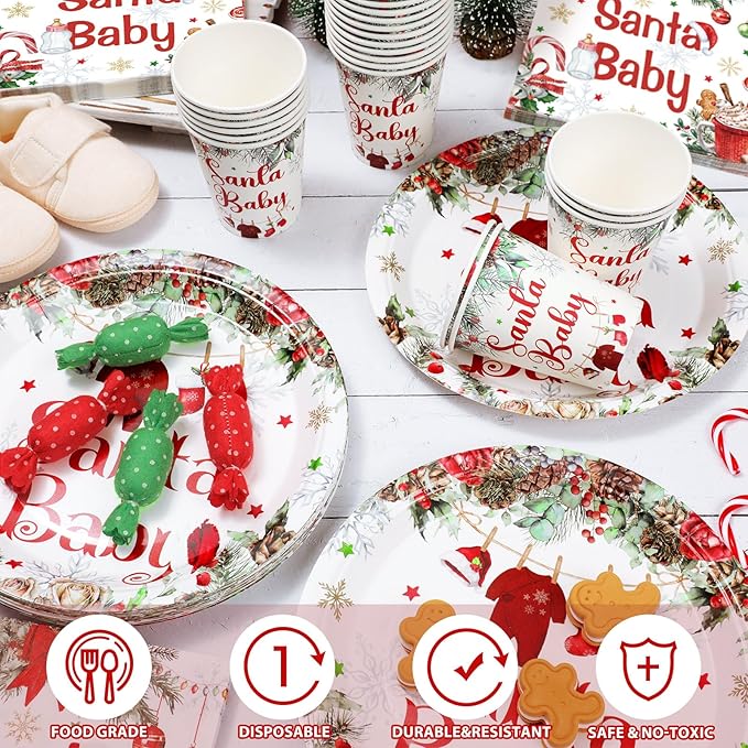 Hushee 200 Pcs Baby Shower Paper Plates Cups Napkins Party Supplies Tableware Set Disposable Cup Napkin for 50 Guest Party Decoration (Green and Red,Christmas Santa Baby)