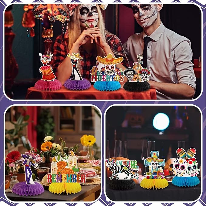 Pickmesh 12 Pieces Day of The Dead Party Decorations Honeycomb Centerpieces Dia De Los Muertos Table Decorations Sugar Skull Guitar Table Topper for Halloween Mexican Day of The Dead Party Favors