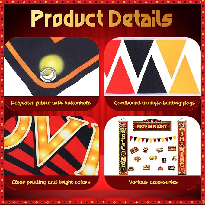 ShinyRelief 14 Pcs Movie Night Decorations Set Welcome Now Showing Door Banners Movie Theme Directional Signs for Home Film Red Carpet Event Awards Night Background Ceremony Party Supplies