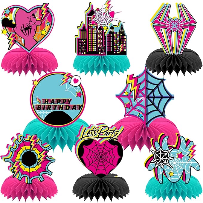8Pcs Pink Spider Birthday Party Supplies,Pink Spider Honeycomb Centerpieces,Girl Spider Theme 3D Table Decorations