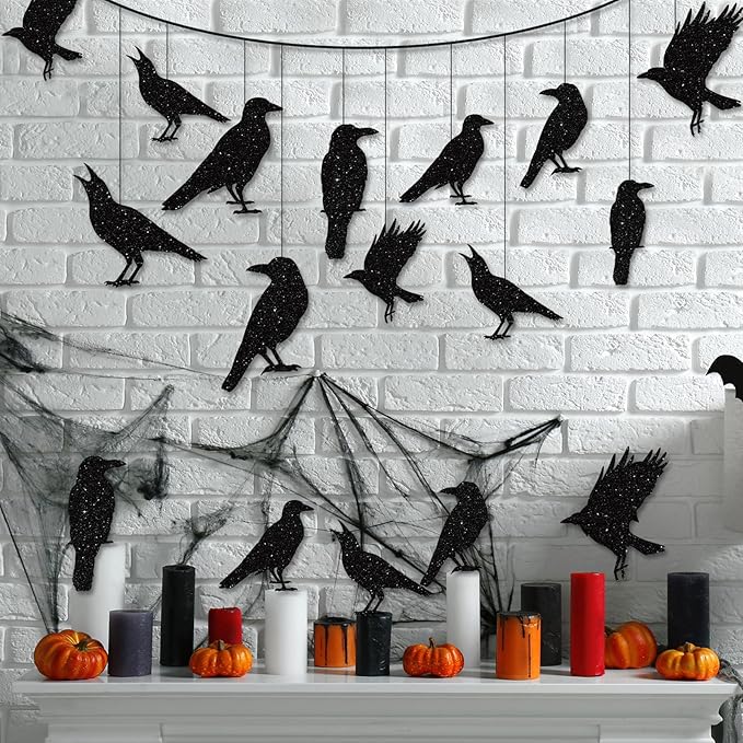 40pcs Glitter Black Crow Halloween Decorations Bird Raven Hanging Banners for Gothic Halloween Garland Backdrop Centerpiece Wall Cutouts for Horror Theme Birthday Wedding Yard Party Supplies