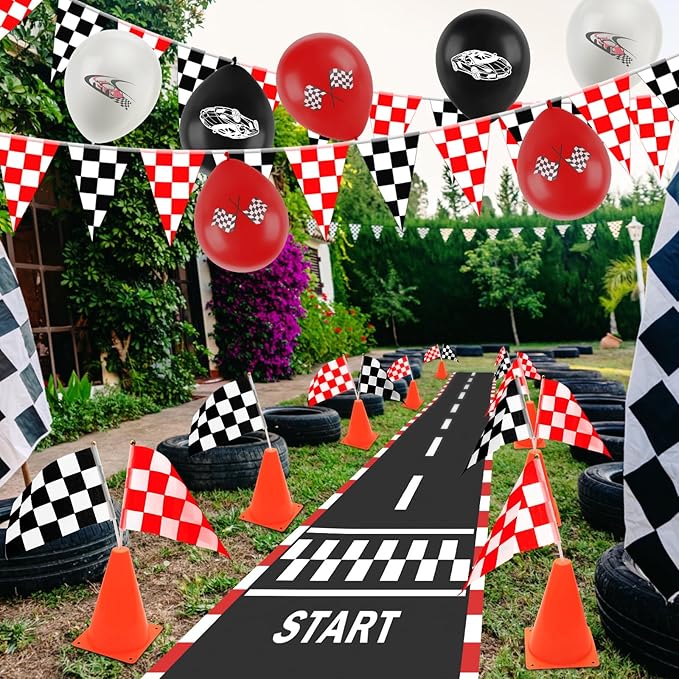 Race Car Party Decorations, Checkered Flag Party Supplies-12 Traffic Cones and 24 Racing Checkered Flags, 6.5Ft Racetrack Floor Runner and 9.8ft Banner, Tablecloth, Balloons and Ribbons