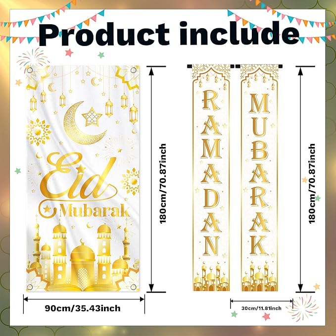 Eid Mubarak Banner Decoration, Ramadan Mubarak Door Cover Banner Decoration for Home, Gold Moon Castle Outdoor Wall Hanging Banner Decor for Holiday Party Supplies