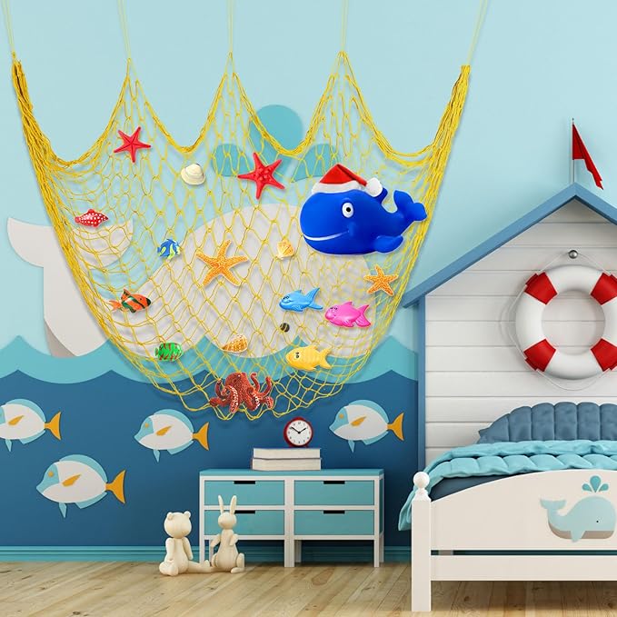Shappy 2 Pcs Fish Net Decorative 80 x 40 Inch, Wall Hanging Fishnet for Mermaid, Pirate, Nautical, Under the Sea Party Decoration Ocean Themed Hawaii Beach Birthday Halloween Party Supplies(Yellow)