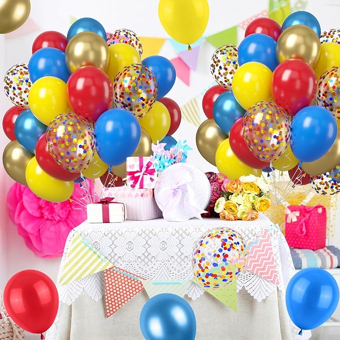 Red Blue Yellow Balloons, 50PCS 12Inches Metallic Blue Gold Latex Balloons with Confetti Party Balloon for Kids Birthday Baby Shower Graduate Party Decorations
