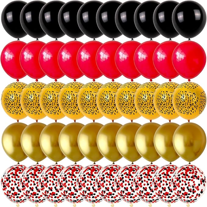 Red Black Cheetah Balloons, 60Pcs 12Inch Black Red Metallic Gold and Leopard Print Balloons with Confetti Latex Balloon for Wild Animal Jungle Safari Zoo Theme Birthday Bachelorette Party Decoration