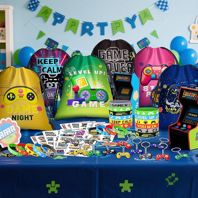 Video Game Party Favors Kids Gamer Birthday Party Supplies Drawstring Bag Silicone Bracelet Glow in Dark Tattoo Sticker Keychain Gamer Party Favors Gaming Birthday Goodie Bag Stuffers