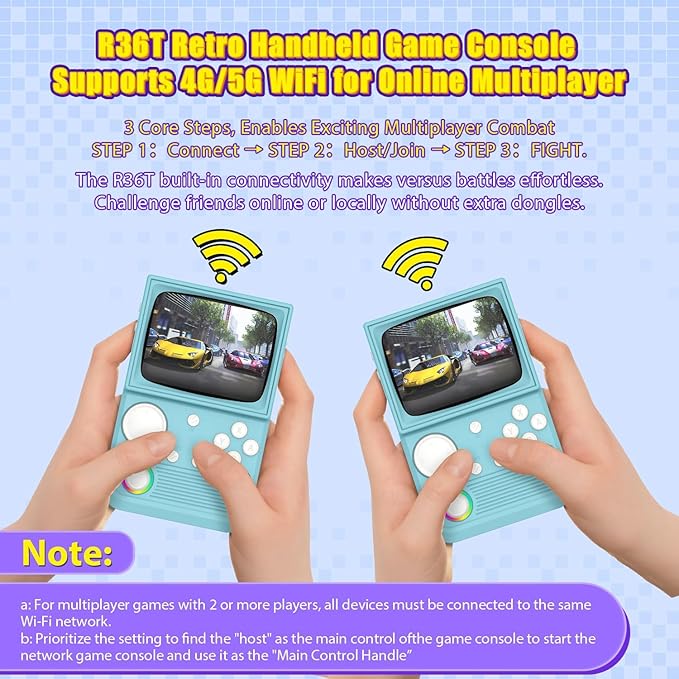R36T Retro Gaming Console, 3.5'' IPS Screen CRT-Inspired, Handheld Game Console with 18000+ Classic Games Supports WiFi Networked Fighting and OTG, 3500mAh Battery, with Portable Case（Blue 64GB）