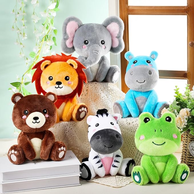 6 Pcs Forest Animals Toys 7 Inch Zebra Lion Hippo Bear Elephant Frog Large Stuffed Animals Bulk for Woodland Baby Showers Party Decor Birthday Gifts Classroom Teacher Student Awards