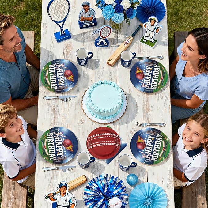 96Pcs Cricket Birthday Party Decoration Sports Theme Ball Plates and Napkins Blue Red Cricket Disposable Paper Tableware Set for Adults Kids Boys Girls Birthday Party Supplies Serves 24