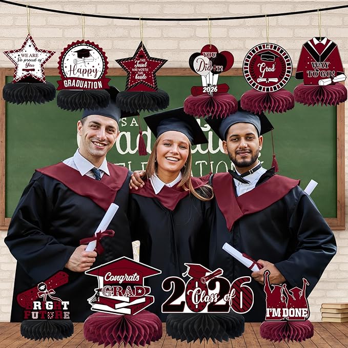 10PCS Graduation Party Decorations Class of 2026 Congrats Grad Table Centerpieces Congratulate Graduation Honeycomb Table Toppers for Graduation Party Supplies(Maroon Black)