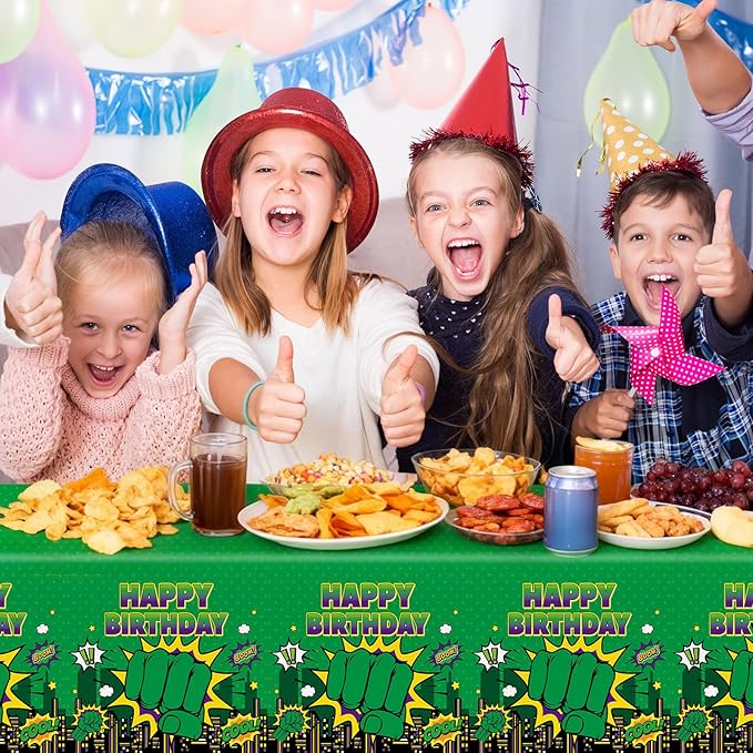3 Pcs Green Hero Birthday Party Supplies Super Theme Birthday Tablecloths Cartoon Green Hero Table Covers for Kid City Cityscape Theme Bday Baby Shower Table Party Decoration 54 x 108 Inch