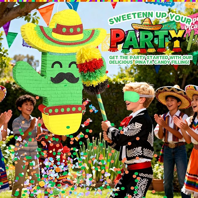 Cactus Pinata for Cinco De Mayo Fiesta Party Decorations, Large 21" Mexican Theme Paper Mache Pinata for Birthday, Taco Bout A Party, Luau Event, Carnival Game Centerpiece with Fillers Support