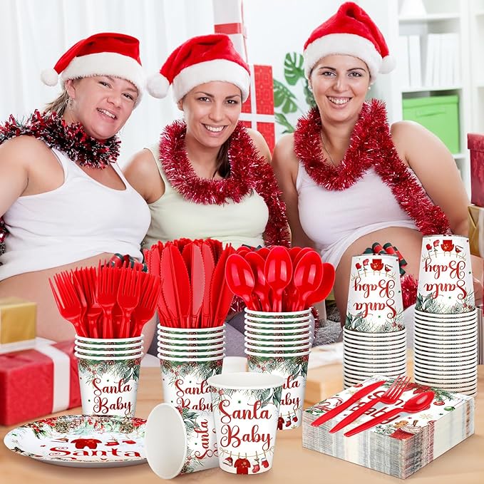 Dandat 350 Pcs Baby Shower Plates Set Serves 50 Tableware Sets Include Plates Napkin Cup Forks Knives Spoons Disposable Dinnerware (Christmas Santa Baby,Red)