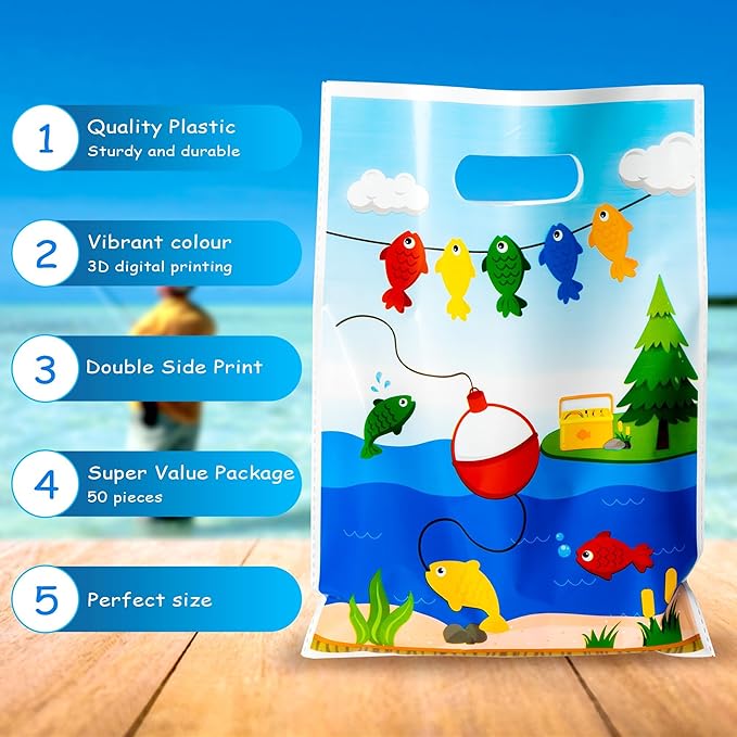 50Pcs Little Fisherman 1st Birthday Party Bags Gone Fishing Goody Candy Treat Plastic Gifts Bags Gone Fishing The Big One Birthday Party Decorations Supplies Decor for Kids