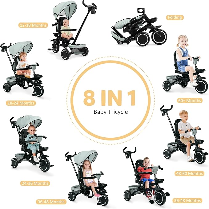 Folding Kids Tricycle, 8 in 1 Toddler Trike W/Removable & Adjustable Canopy, Parent Handle, 5-Piont Harness, Toddler Bike Tricycle for Kids 1-6 Years, EVA Wheels, Storage Basket, Green