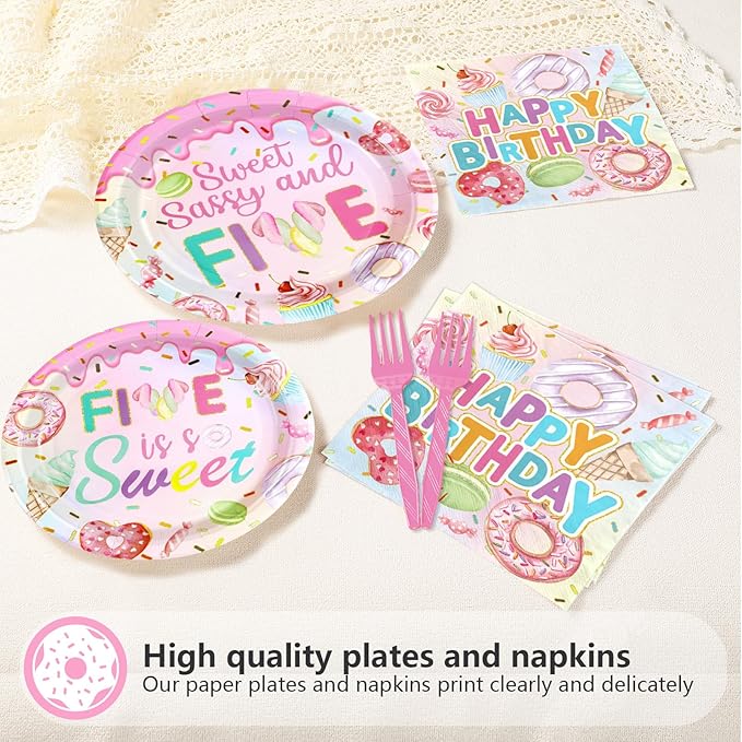 96 Pcs Sweet Sassy and 5 Birthday Decorations Donut 5th Birthday Party Decorations for Girls Colorful Donut Plates and Napkins 5 Years Old Disposable Party Supplies Serves 24