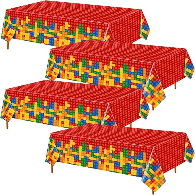 Oudain 4 Pcs Building Block Tablecloths - Colorful Birthday Party Decorations, 54 x 108 Inch Disposable Plastic Brick Table Cover, Waterproof Themed Party Supplies (Red)