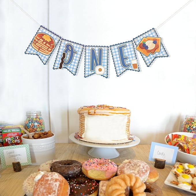 Brunch 1st Birthday High Chair Banner - Breakfast First Birthday Party Decorations, Pancakes and Pajamas Party Supplies, Breakfast Food Party Banner, Pancake and Waffle Cake Smash Photo Props (Blue Brunch Banner)