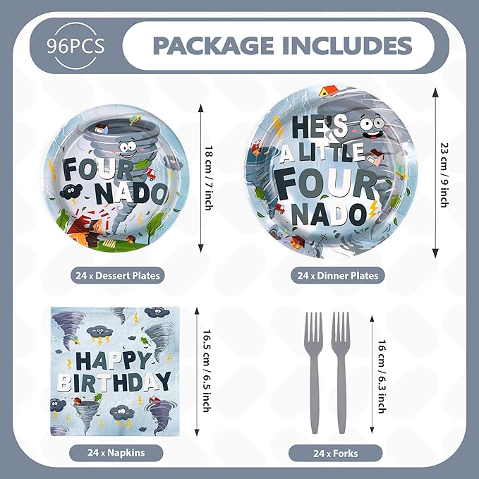 96Pcs Fournado Birthday Party Decorations 4th Birthday Boy Plates and Napkins Disposable He is a Little Four Nado Four Nado Tableware for Boys Kids 4 Year Old Party Supplies, Serves 24