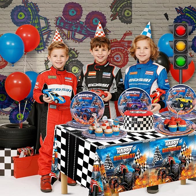 Monster Truck Birthday Decorations Kit - 97 Pcs Machines Jam Party Supplies for Boys Serves 24 Guests, Including Plates, Napkins, Forks & Tablecloth - Perfect for Monster Truck Themed Decor