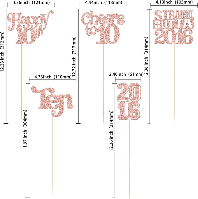 Gyufise 15Pcs Happy 10th Birthday Centerpiece Sticks Ten Straight Outta 2016 Table Flower Centerpieces Sticks Cheers to 10 Decorations for 10th Birthday Party Supplies Rose Gold