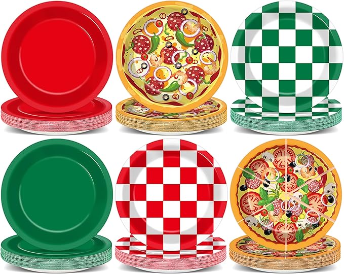 60PCS Pizza Theme Birthday Party Plates Red Green White Pizzas Checkered Disposable Paper Dessert Plates for Italian Pizza Birthday Decorations Party Tableware Set for Kids BBQ Picnic Supplies